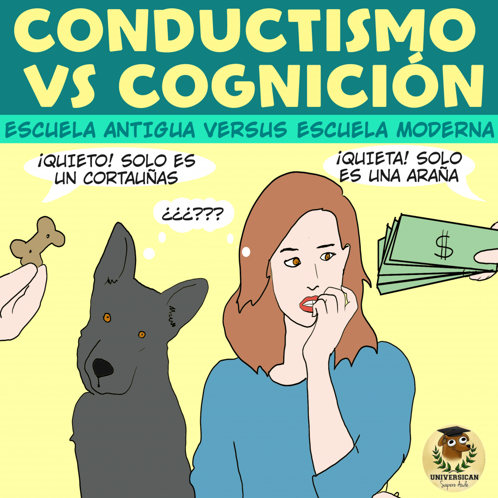 Una mujer y un perro se sienten abrumados mientras una mano les ofrece galletas y otra les ofrece dinero para evitar que reaccionen a lo que les preocupa o asusta.