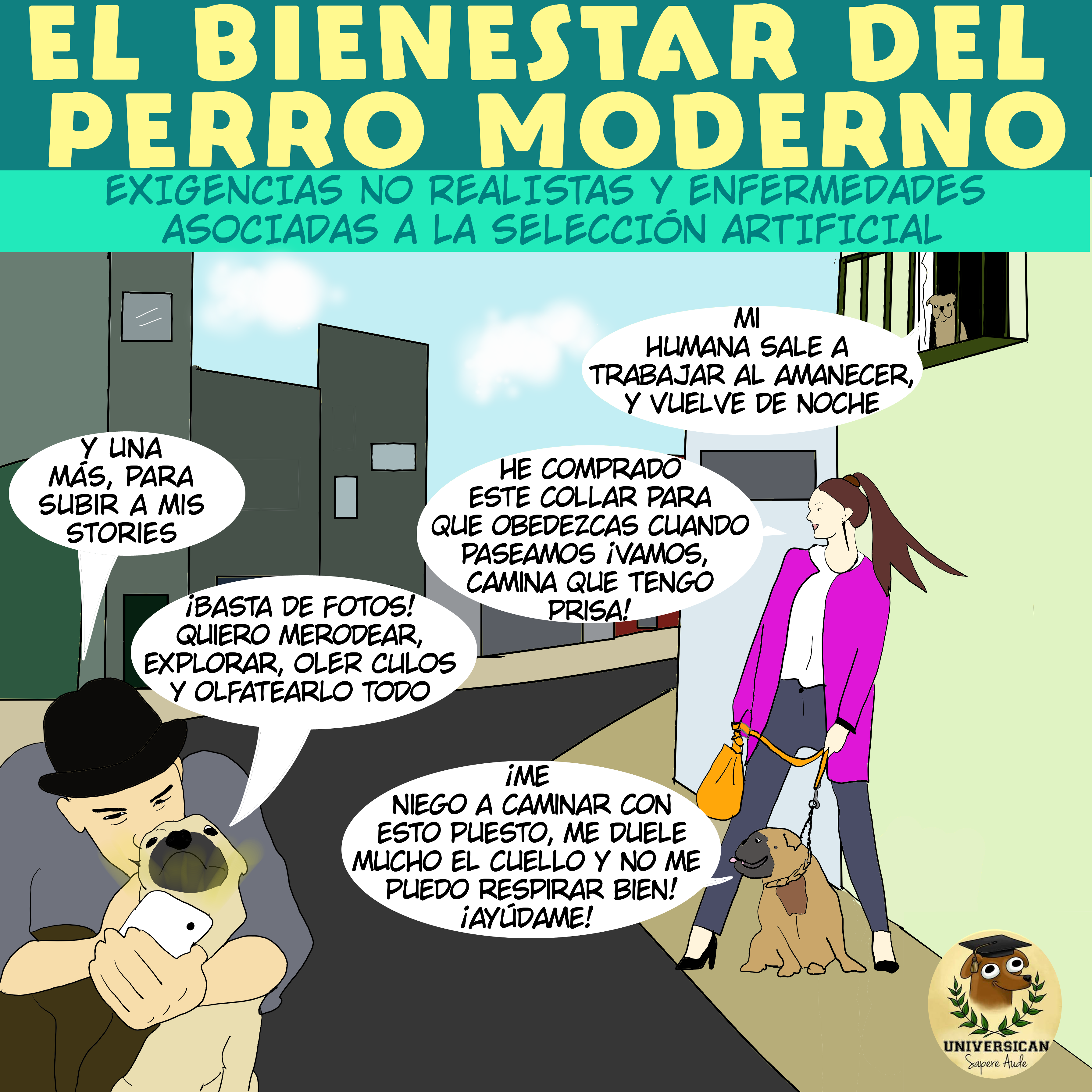 Viñeta ilustrativa que muestra las demandas poco realistas y los problemas emocionales que enfrentan los perros modernos debido al estilo de vida urbano y la selección artificial.