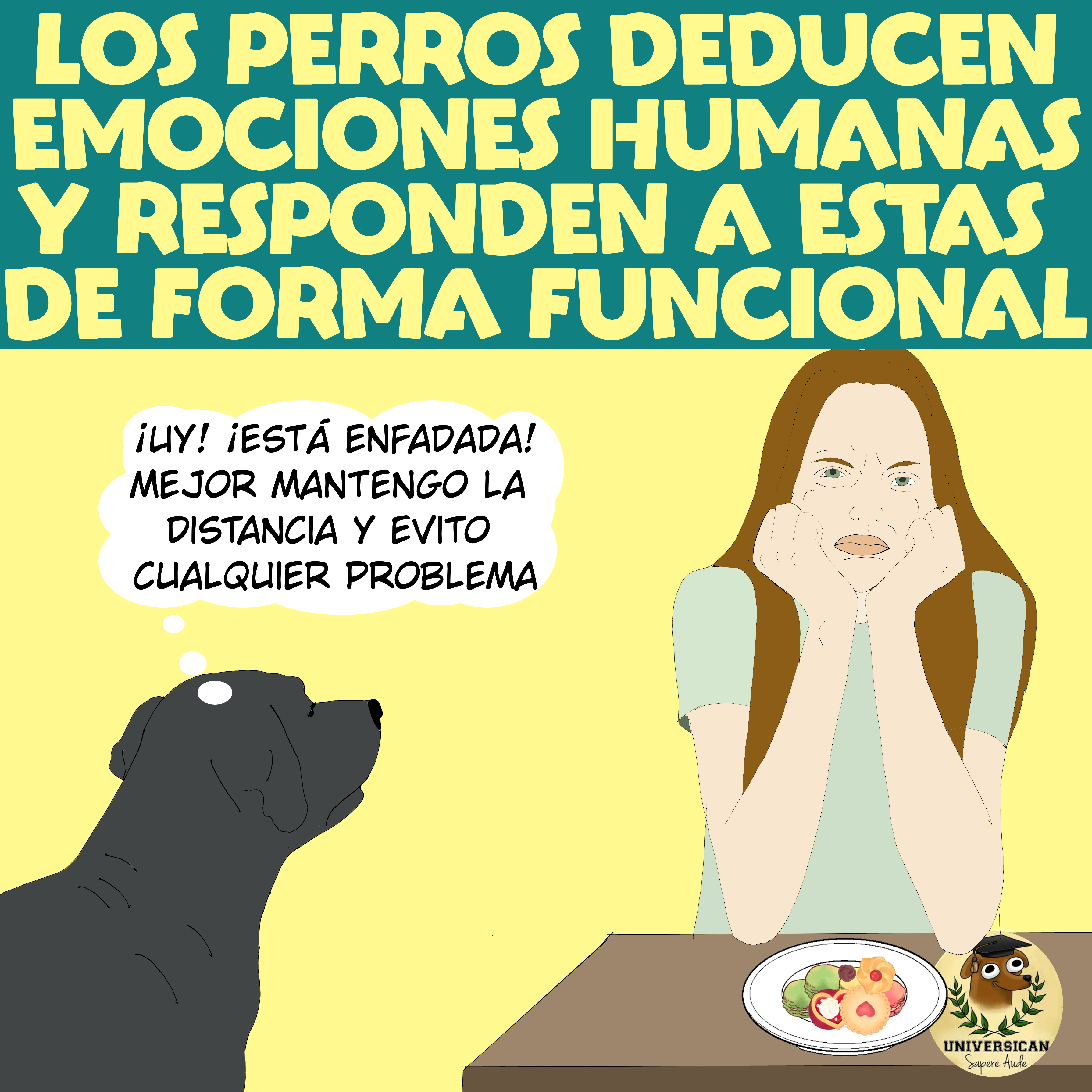 Mujer de de mal humor sentada a la mesa con comida y un perro observando, interpretando su estado emocional.