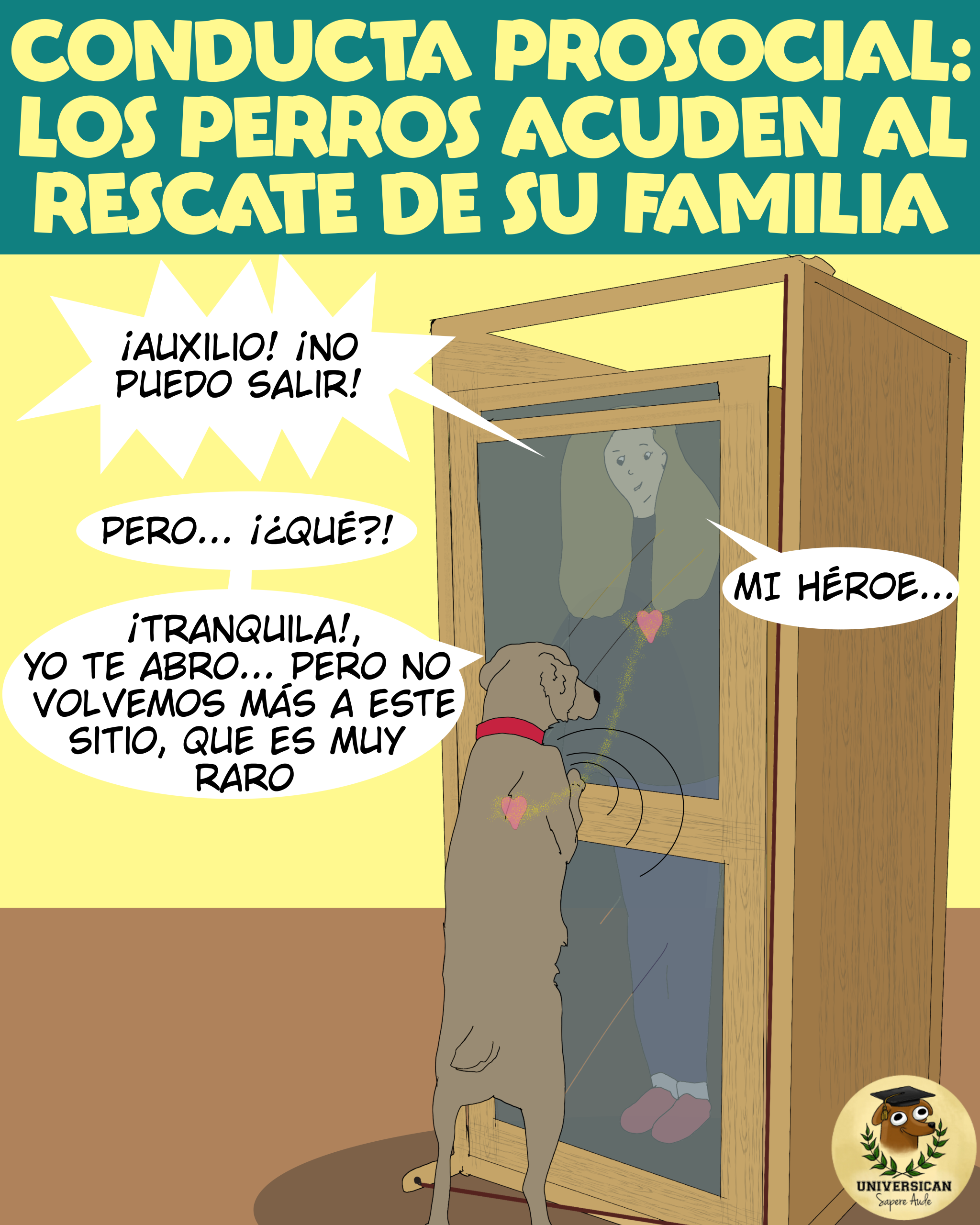 Dibujo de un humano atrapado en una caja con puerta y un perro intentando ayudar.