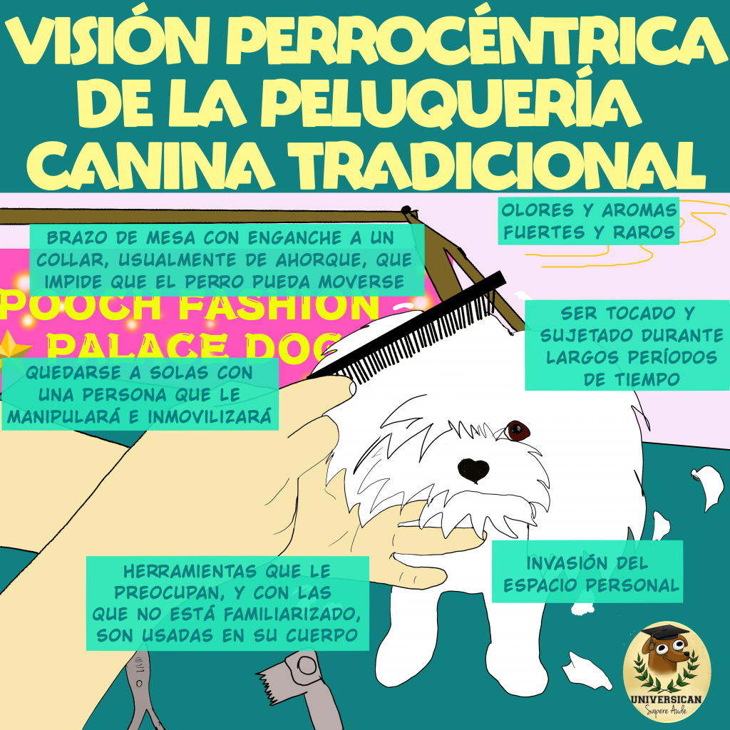 La imagen muestra a un perro siendo manipulado en una peluquería canina tradicional, claramente incómodo. El perro está sujeto, mostrando señales de estrés y malestar durante el proceso. La escena destaca la incomodidad del animal al ser tocado y manipulado en un entorno que puede generar sobrecarga sensorial.