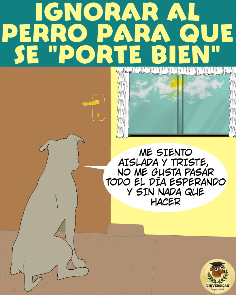 Cómic de 3 cuadros, cuadro 1. Un perro espera en casa detrás de la puerta, pensando que está triste porque no le gusta estar a solas y que ojalá su familia humana regrese pronto.