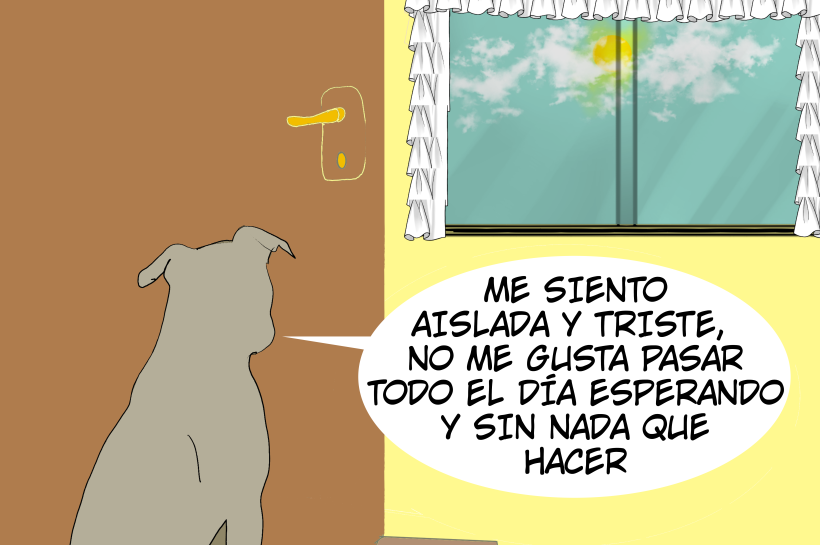 Cómic de 3 cuadros, cuadro 1. Un perro espera en casa detrás de la puerta, pensando que está triste porque no le gusta estar a solas y que ojalá su familia humana regrese pronto.
