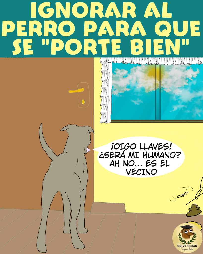 Cómic de 3 cuadros, cuadro 2. Un perro espera en casa detrás de la puerta, pensando que está triste porque no le gusta estar a solas y que ojalá su familia humana regrese pronto.