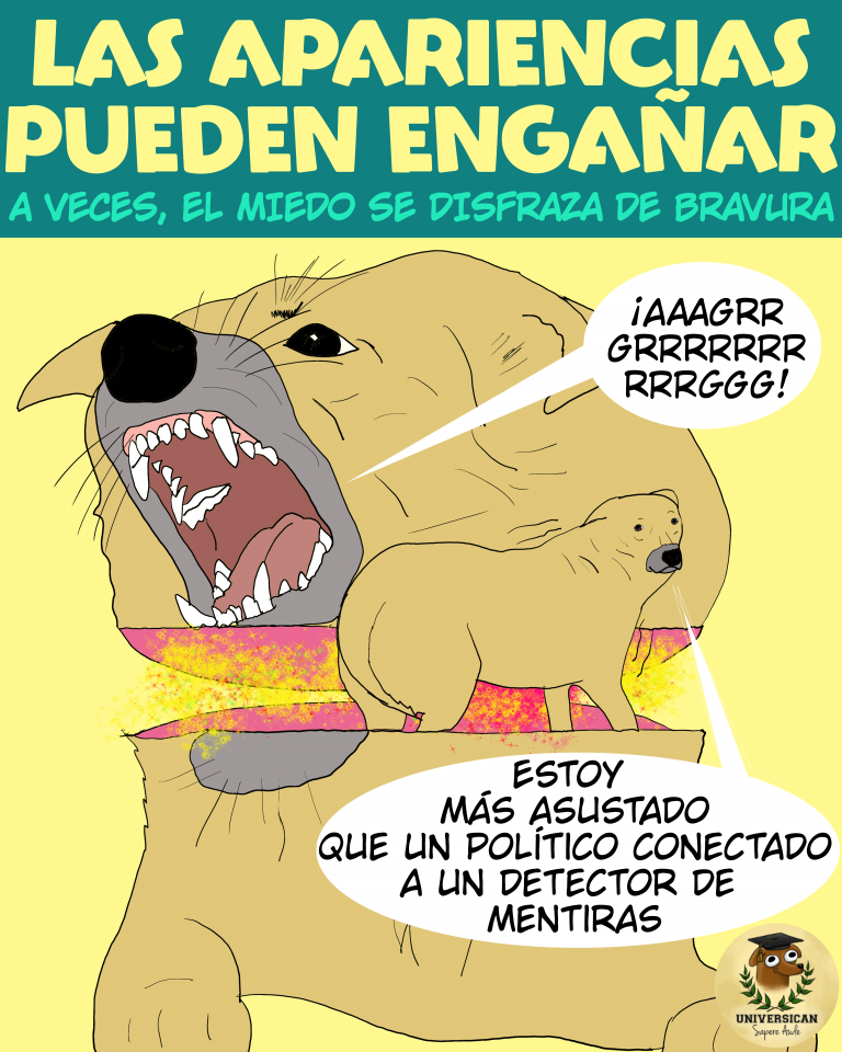 Un perro está gruñendo con la boca abierta, como una muñeca matrioshka. Dentro de su boca, hay un perro más pequeño que lo sigue, visiblemente asustado. Este perro pequeño está pensando, "Estoy más asustado que un político conectado a un polígrafo". La imagen refleja de forma cómica cómo el miedo se refleja en las reacciones del perro, con un toque de humor político.