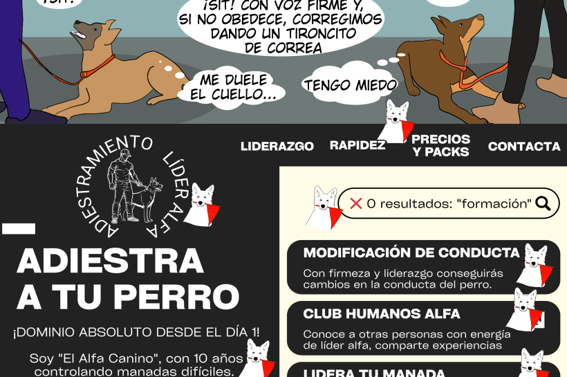 Dibujo simple mostrando el adiestramiento canino con métodos aversivos, como el collar de ahorque y el uso de la correa para dar tirones. La imagen también presenta una web que promueve conceptos de dominancia y control, destacando el enfoque en métodos obsoletos.