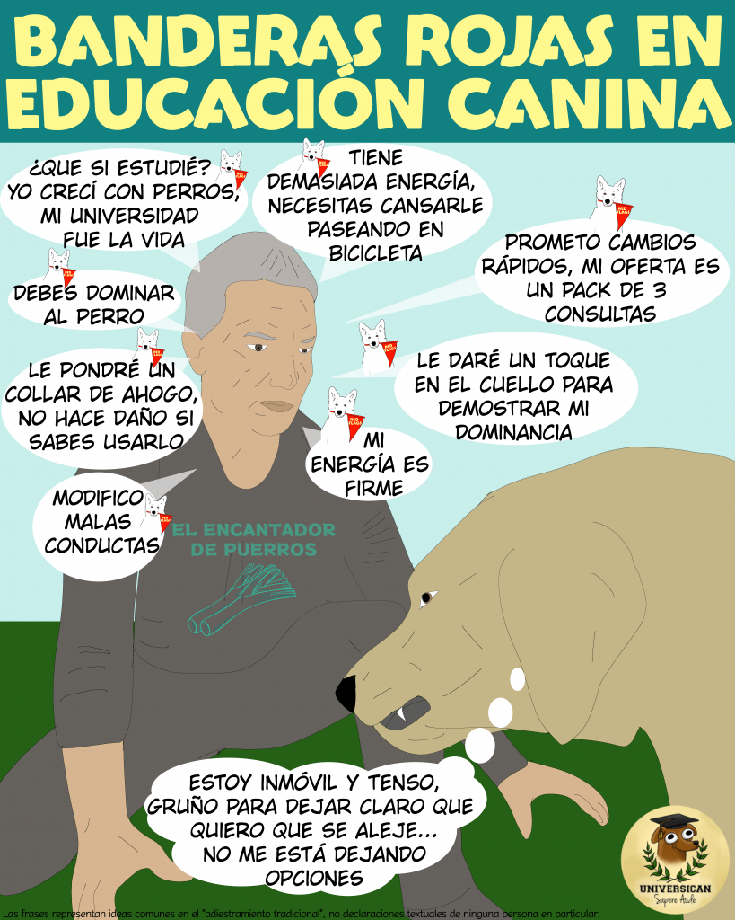 Caricatura que ilustra las banderas rojas en la educación canina, mostrando la interacción de un supuesto adiestrador con un perro en una situación de incomodidad. El dibujo critica métodos de adiestramiento basados en la dominancia y el uso de castigos, destacando los peligros de estas prácticas para el bienestar y la relación con los perros.