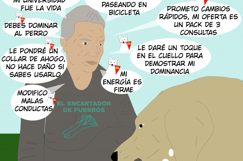 Caricatura que ilustra las banderas rojas en la educación canina, mostrando la interacción de un supuesto adiestrador con un perro en una situación de incomodidad. El dibujo critica métodos de adiestramiento basados en la dominancia y el uso de castigos, destacando los peligros de estas prácticas para el bienestar y la relación con los perros.