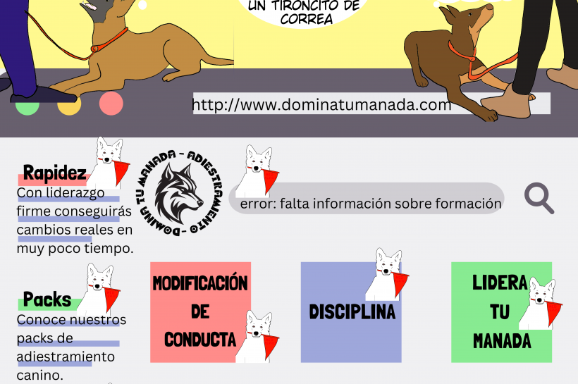 Dibujo simple mostrando el adiestramiento canino con métodos aversivos, como el collar de ahorque y el uso de la correa para dar tirones. La imagen también presenta una web que promueve conceptos de dominancia y control, destacando el enfoque en métodos obsoletos.