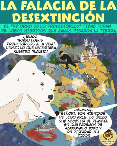 El dibujo representa lobitos clonados en primer plano, mientras que de fondo se muestran animales siendo perseguidos y cazados, y ciudades contaminando el planeta. Titulado 'La falacia de la desextinción', refleja la crítica a las soluciones tecnológicas frente a los problemas ambientales reales.