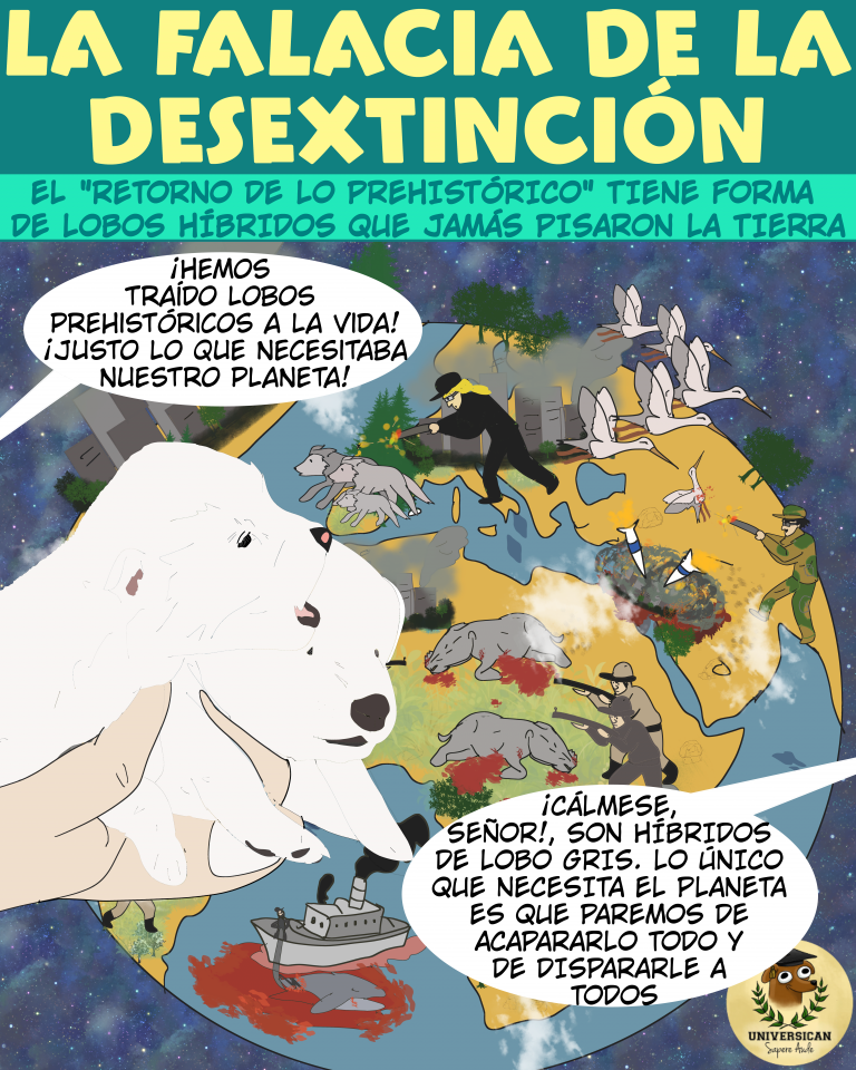 El dibujo representa lobitos clonados en primer plano, mientras que de fondo se muestran animales siendo perseguidos y cazados, y ciudades contaminando el planeta. Titulado 'La falacia de la desextinción', refleja la crítica a las soluciones tecnológicas frente a los problemas ambientales reales.