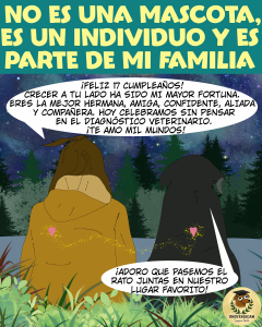 La imagen muestra a una chica y a una perra sentadas de espaldas sobre el césped, frente a un lago. La chica le dice a la perra en un globo de diálogo: "¡Feliz 16 cumpleaños! Crecer a tu lado ha sido mi mayor fortuna. Eres la mejor hermana, amiga, confidente, aliada y compañera. Hoy celebramos sin pensar en el diagnóstico veterinario. ¡Te amo mil mundos!". La perra, en su pensamiento, responde: "Me encanta estar juntas en nuestro lugar favorito". En el cielo se lee: "No son mascotas, son familia". La escena refleja el profundo amor y vínculo entre ellas.