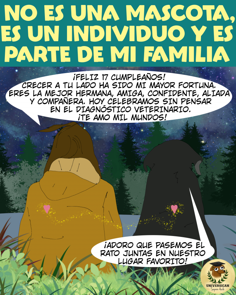 La imagen muestra a una chica y a una perra sentadas de espaldas sobre el césped, frente a un lago. La chica le dice a la perra en un globo de diálogo: "¡Feliz 16 cumpleaños! Crecer a tu lado ha sido mi mayor fortuna. Eres la mejor hermana, amiga, confidente, aliada y compañera. Hoy celebramos sin pensar en el diagnóstico veterinario. ¡Te amo mil mundos!". La perra, en su pensamiento, responde: "Me encanta estar juntas en nuestro lugar favorito". En el cielo se lee: "No son mascotas, son familia". La escena refleja el profundo amor y vínculo entre ellas.