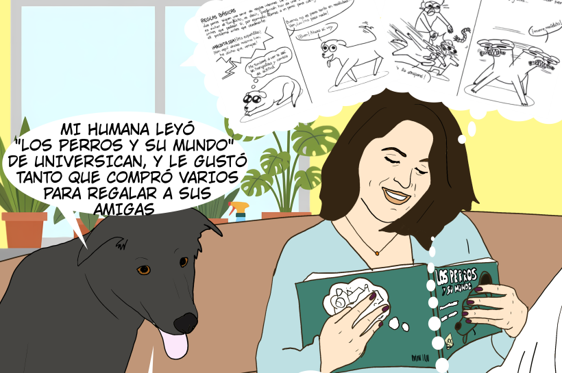 Los perros y su mundo" de la editorial KNS. En la ilustración, una mujer disfruta de la lectura mientras su perro reflexiona sobre lo mucho que le ha gustado el libro a su humana.