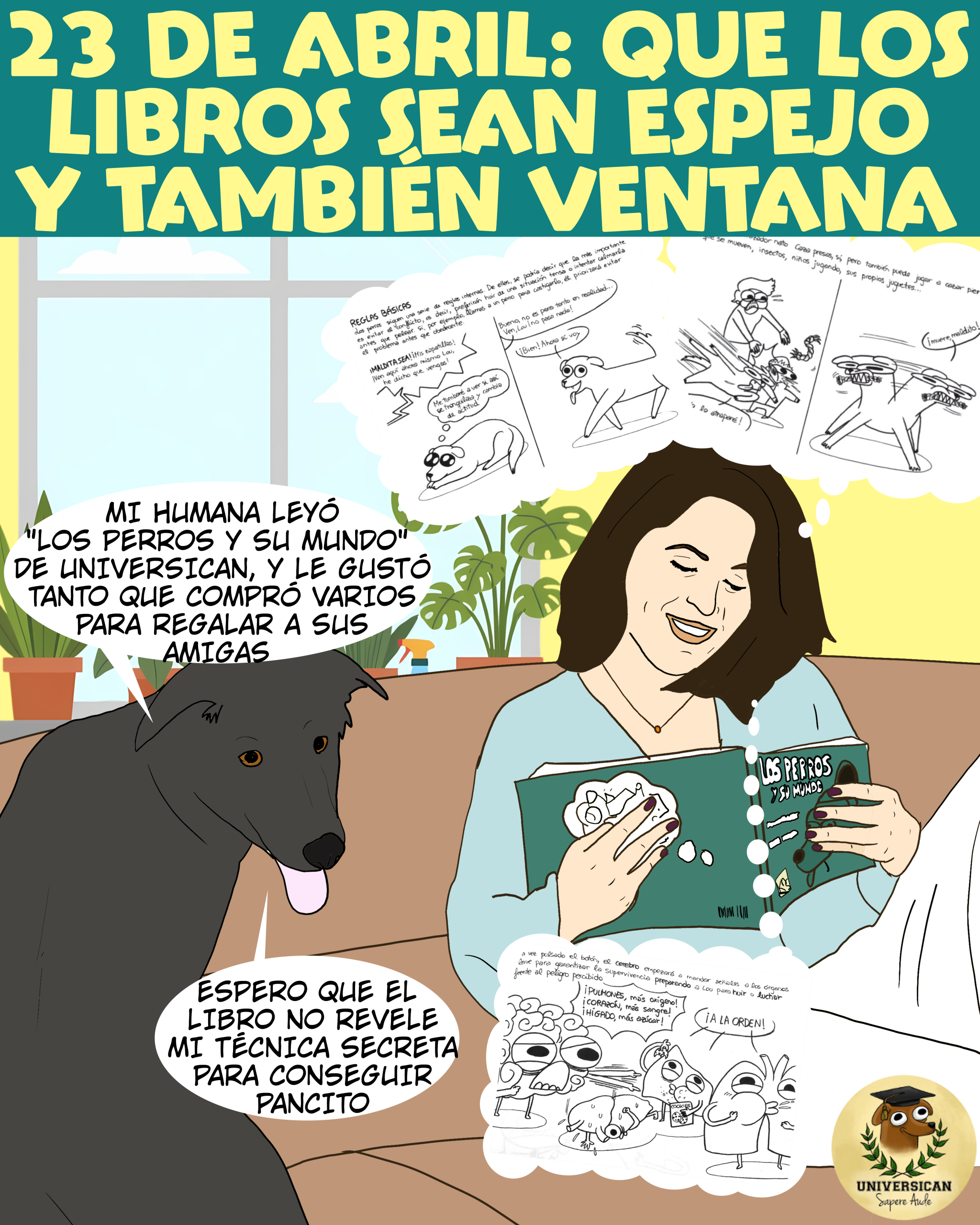 Los perros y su mundo" de la editorial KNS. En la ilustración, una mujer disfruta de la lectura mientras su perro reflexiona sobre lo mucho que le ha gustado el libro a su humana.
