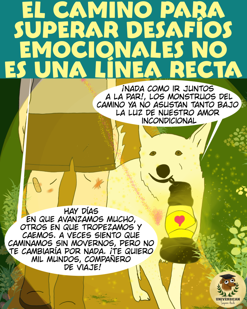 Ilustración emotiva de un chico y su perro caminando juntos por una senda oscura, iluminados por la luz de su amor incondicional. Con el título 'Superar desafíos no es un camino lineal', la imagen refleja el vínculo especial que supera obstáculos emocionales. Incluye globos de diálogo que destacan la importancia de avanzar, tropezar y seguir adelante en compañía.