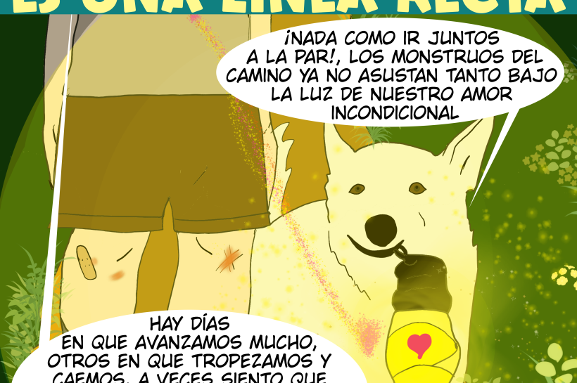 Ilustración emotiva de un chico y su perro caminando juntos por una senda oscura, iluminados por la luz de su amor incondicional. Con el título 'Superar desafíos no es un camino lineal', la imagen refleja el vínculo especial que supera obstáculos emocionales. Incluye globos de diálogo que destacan la importancia de avanzar, tropezar y seguir adelante en compañía.