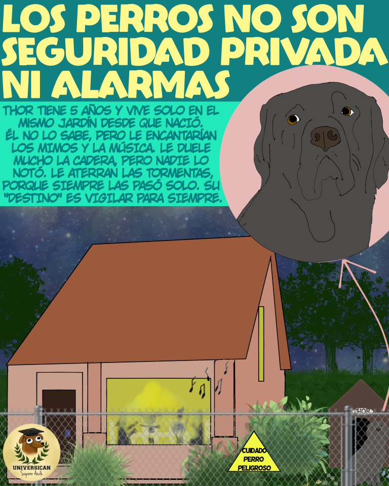 Dibujo de Paco el mastín y Rocco, dos perros cuyas emociones y pensamientos son reflejados en sus expresiones. Paco aparece en un paisaje aislado, mientras que Rocco se muestra vigilante, ambos en situaciones que transmiten su soledad, miedo y conexión con el entorno.