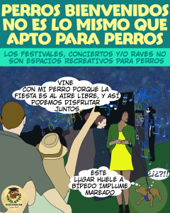 Un dibujo de una rave nocturna con humanos, donde uno lleva a un perro visiblemente incómodo y preocupado.