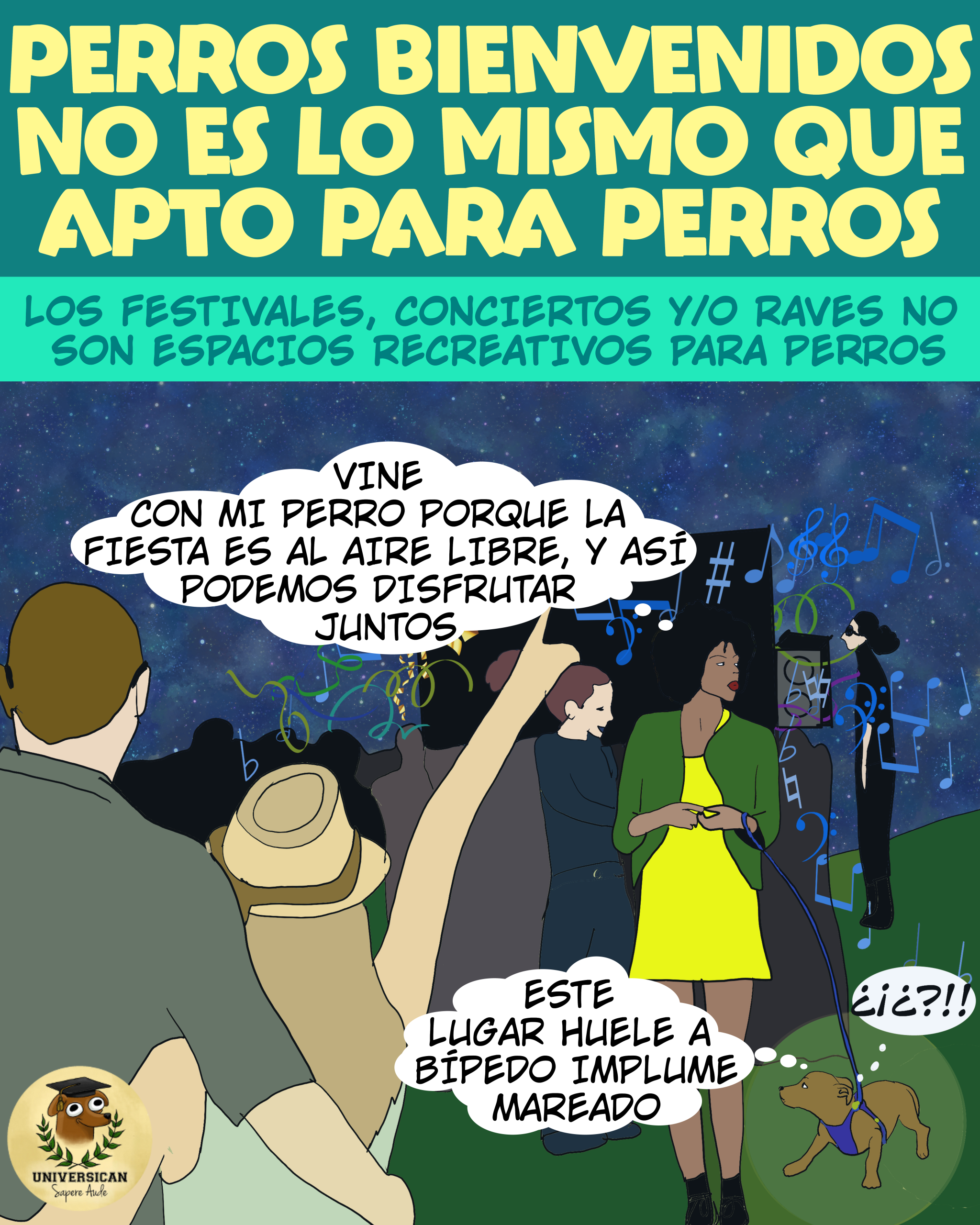 Un dibujo de una rave nocturna con humanos, donde uno lleva a un perro visiblemente incómodo y preocupado.