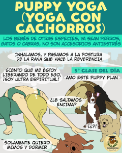 Viñeta crítica sobre el puppy yoga: una clase de yoga con cachorros confundidos y cansados, mientras las personas disfrutan sin considerar el bienestar animal. Mensaje antiespecista que alerta sobre usar animales bebés como accesorios antiestrés.