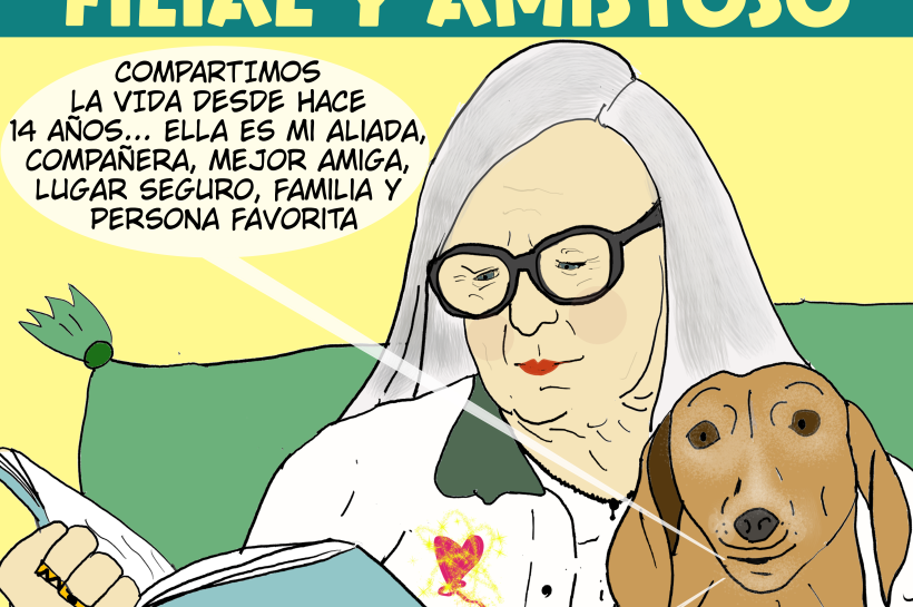 Ilustración de una señora mayor leyendo con su perro de 14 años, ambos canosos, que destaca el vínculo perro-humano como mezcla de apego filial y amistad duradera.