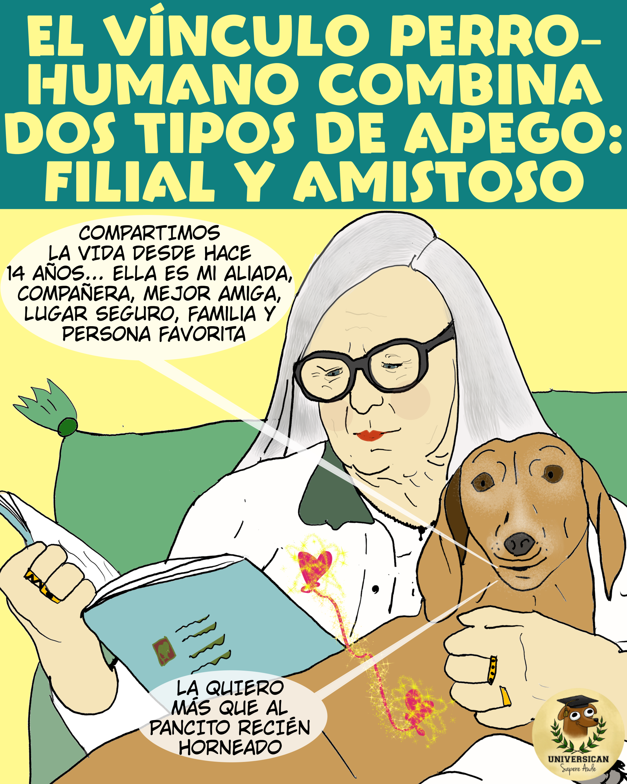 Ilustración de una señora mayor leyendo con su perro de 14 años, ambos canosos, que destaca el vínculo perro-humano como mezcla de apego filial y amistad duradera.