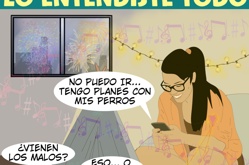Una mujer avisa a sus amistades que no irá de fiesta porque tiene planes con sus perros. A través de la ventana se ven fuegos artificiales, mientras los perros, visiblemente asustados, se refugian en una casita de tela en el comedor.