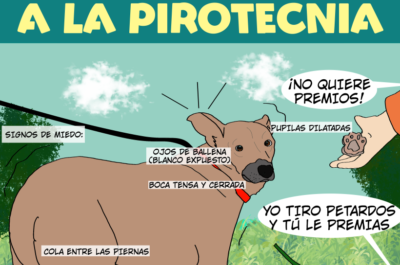 Dibujo de un perro con correa y aspecto asustado, rodeado por dos personas: una enciende petardos y otra intenta premiarlo. El título indica: "La pirotecnia no cura el miedo de los perros a la pirotecnia".