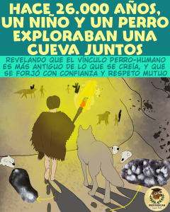 Ilustración de un niño paleolítico y un perro explorando una cueva con una antorcha, inspirada en las huellas halladas en la cueva Chauvet y en la relación ancestral entre ambas especies.