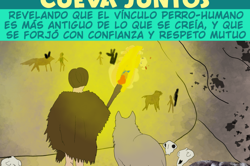 Ilustración de un niño paleolítico y un perro explorando una cueva con una antorcha, inspirada en las huellas halladas en la cueva Chauvet y en la relación ancestral entre ambas especies.