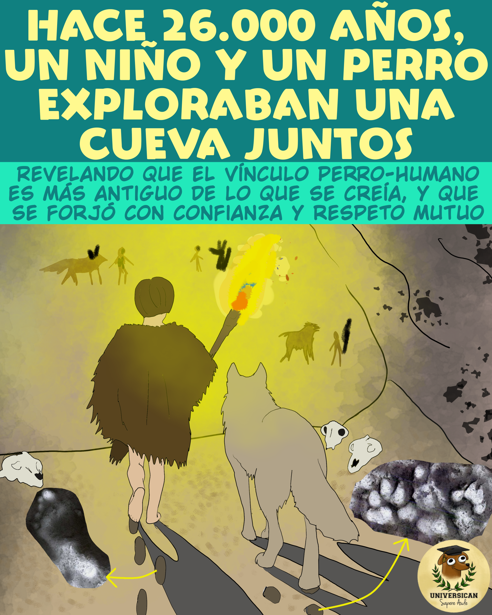 Ilustración de un niño paleolítico y un perro explorando una cueva con una antorcha, inspirada en las huellas halladas en la cueva Chauvet y en la relación ancestral entre ambas especies.