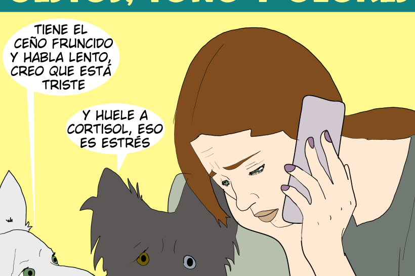Una mujer habla por teléfono con cara de tristeza, dos perros le observan y notan que huele a cortisol, que habla lento y que parece triste.