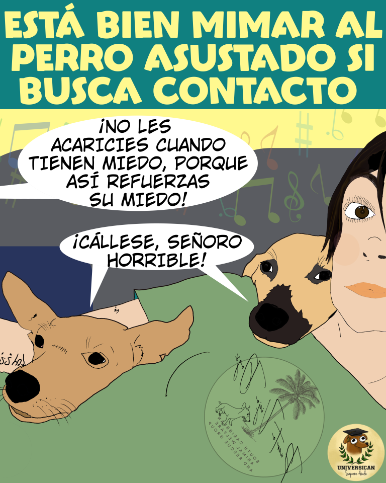Una mujer acostada, con dos perros encima de ella, que buscan cariño y contacto. A un lado aparece el globo de diálogo de un tercero ajeno a la escena: “Si les acaricias vas a reforzar su miedo”. Los dos perros responden al unísono, en otro globo de diálogo, con un tono divertido y contundente: “¡Cállese, señoro horrible!”. En la parte superior o inferior de la viñeta se destaca el título: “ESTÁ BIEN MIMAR AL PERRO ASUSTADO SI BUSCA CONTACTO”.