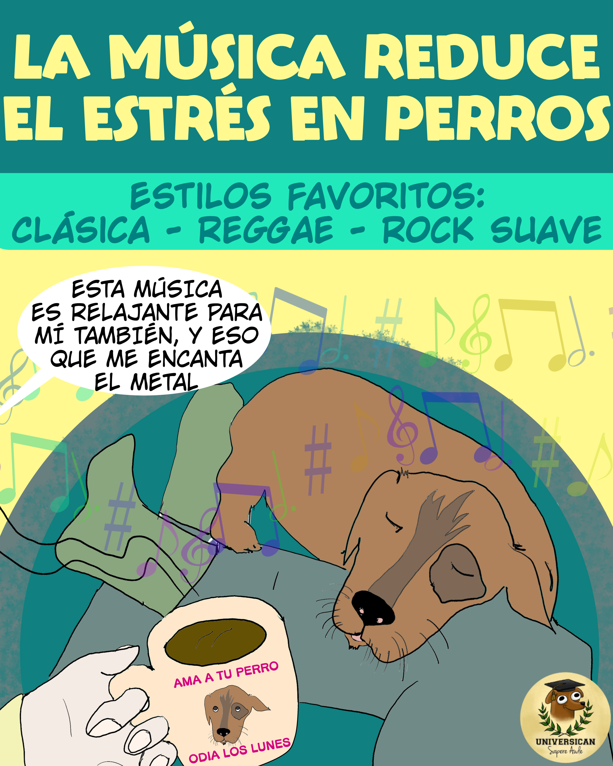 Ilustración de un perro durmiendo plácidamente sobre la pierna de su humano, mientras suena música de fondo. Hay notas musicales flotando en el aire, creando un ambiente relajado y acogedor. Encima del dibujo, un título dice: ‘La música reduce el estrés en perros’.