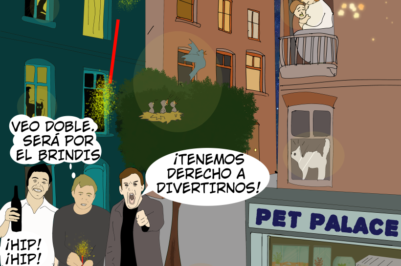 Tres hombres visiblemente ebrios lanzan pirotecnia y gritan que tienen derecho a divertirse, mientras al fondo se observan tiendas con animales encerrados dentro (a la venta) aterrorizados, perros huyendo de sus casas y aves muriendo. La ilustración contrasta la irresponsabilidad humana con el sufrimiento animal, transmitiendo un mensaje crítico sobre el uso de la pirotecnia y sus consecuencias.