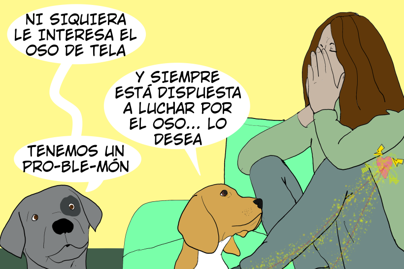 Una mujer sentada en el sofá, visiblemente estresada y abrumada, es observada de cerca por sus perros. Ellos la miran con preocupación, reflejando en su expresión y postura el mismo nerviosismo y tensión que perciben en su compañera humana, mostrando cómo el estrés de su humana también los afecta a ellos.