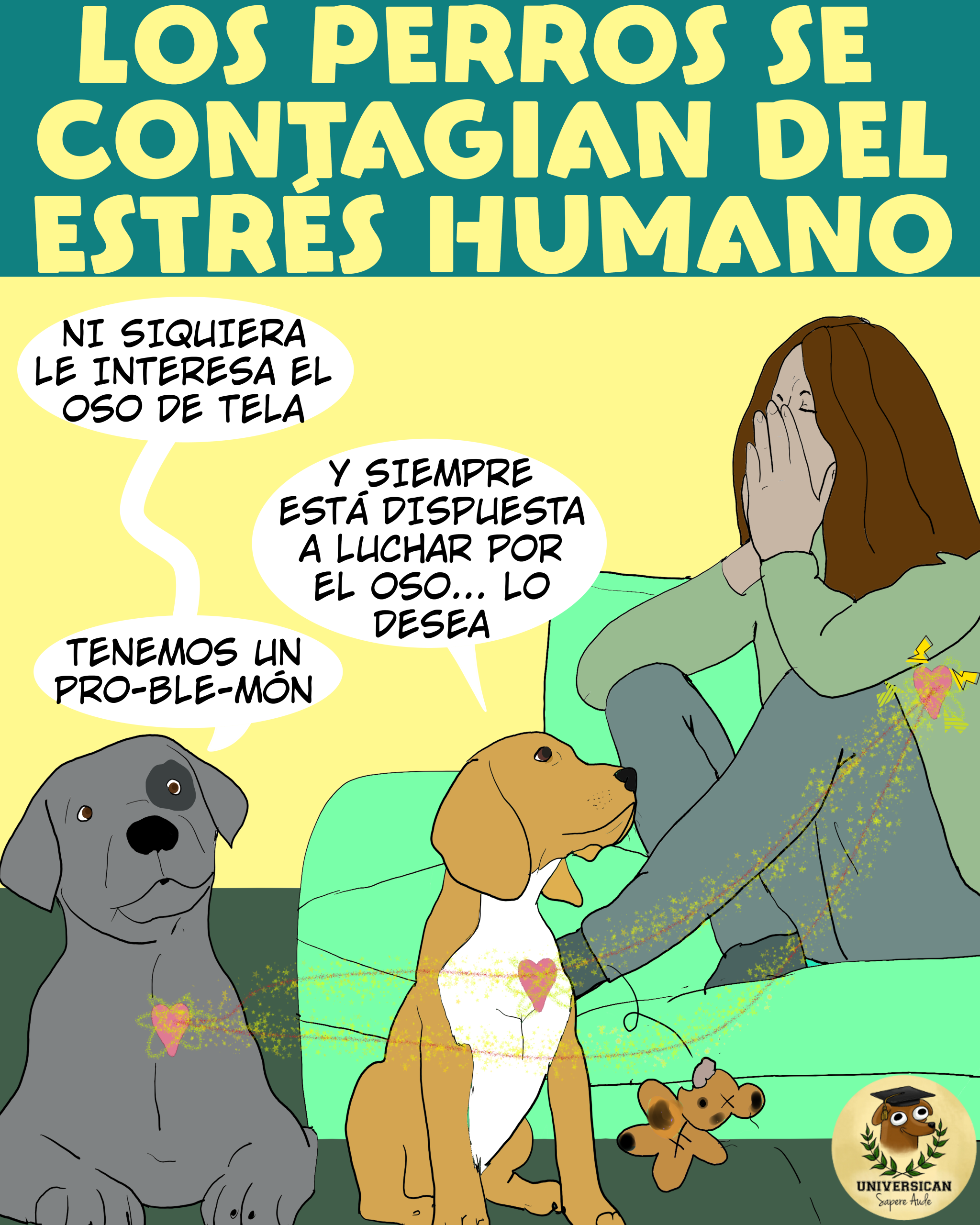 Una mujer sentada en el sofá, visiblemente estresada y abrumada, es observada de cerca por sus perros. Ellos la miran con preocupación, reflejando en su expresión y postura el mismo nerviosismo y tensión que perciben en su compañera humana, mostrando cómo el estrés de su humana también los afecta a ellos.