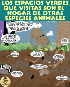 Perro olfateando el suelo en un bosque mientras animales como tejones y conejos se refugian asustados en sus madrigueras subterráneas, mostrando la tensión que provoca la presencia de perros en hábitats naturales.