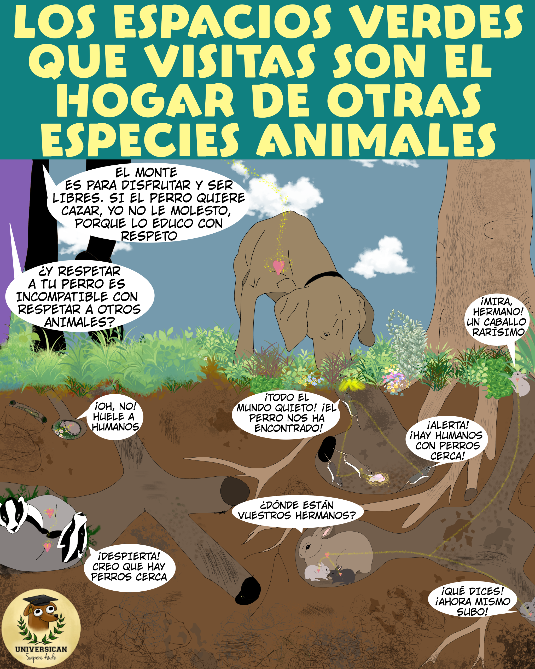 Perro olfateando el suelo en un bosque mientras animales como tejones y conejos se refugian asustados en sus madrigueras subterráneas, mostrando la tensión que provoca la presencia de perros en hábitats naturales.
