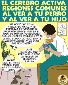 Una mujer le cuenta a su perro que fue juzgada por decir que le quiere como a un hijo. Encima de ellos se lee que el cerebro activa regiones comunes al ver al perro y al ver a un hijo.