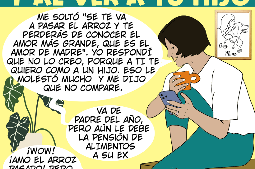 Una mujer le cuenta a su perro que fue juzgada por decir que le quiere como a un hijo. Encima de ellos se lee que el cerebro activa regiones comunes al ver al perro y al ver a un hijo.