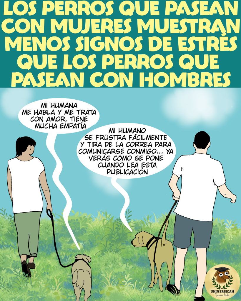 Hombres, mujeres y estrés canino Dos perros paseando. Uno camina junto a una mujer y comenta que se siente tratado con amor y empatía. El otro, que va con un hombre, dice que su humano se frustra con facilidad y que suele comunicarse tirando de la correa.
