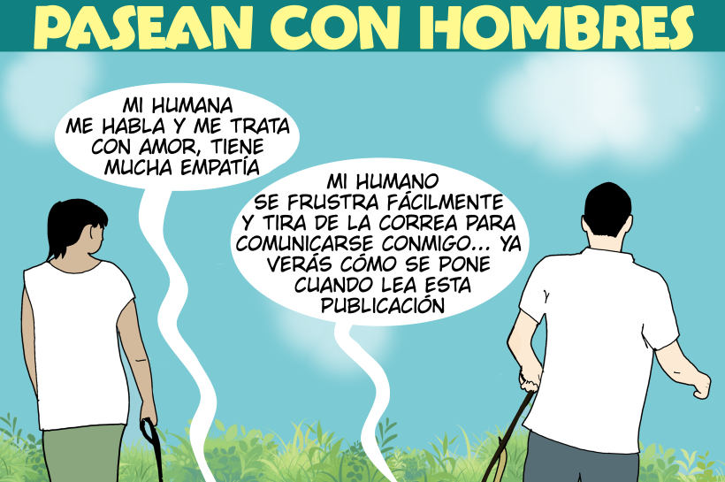 Dos perros paseando. Uno camina junto a una mujer y comenta que se siente tratado con amor y empatía. El otro, que va con un hombre, dice que su humano se frustra con facilidad y que suele comunicarse tirando de la correa.