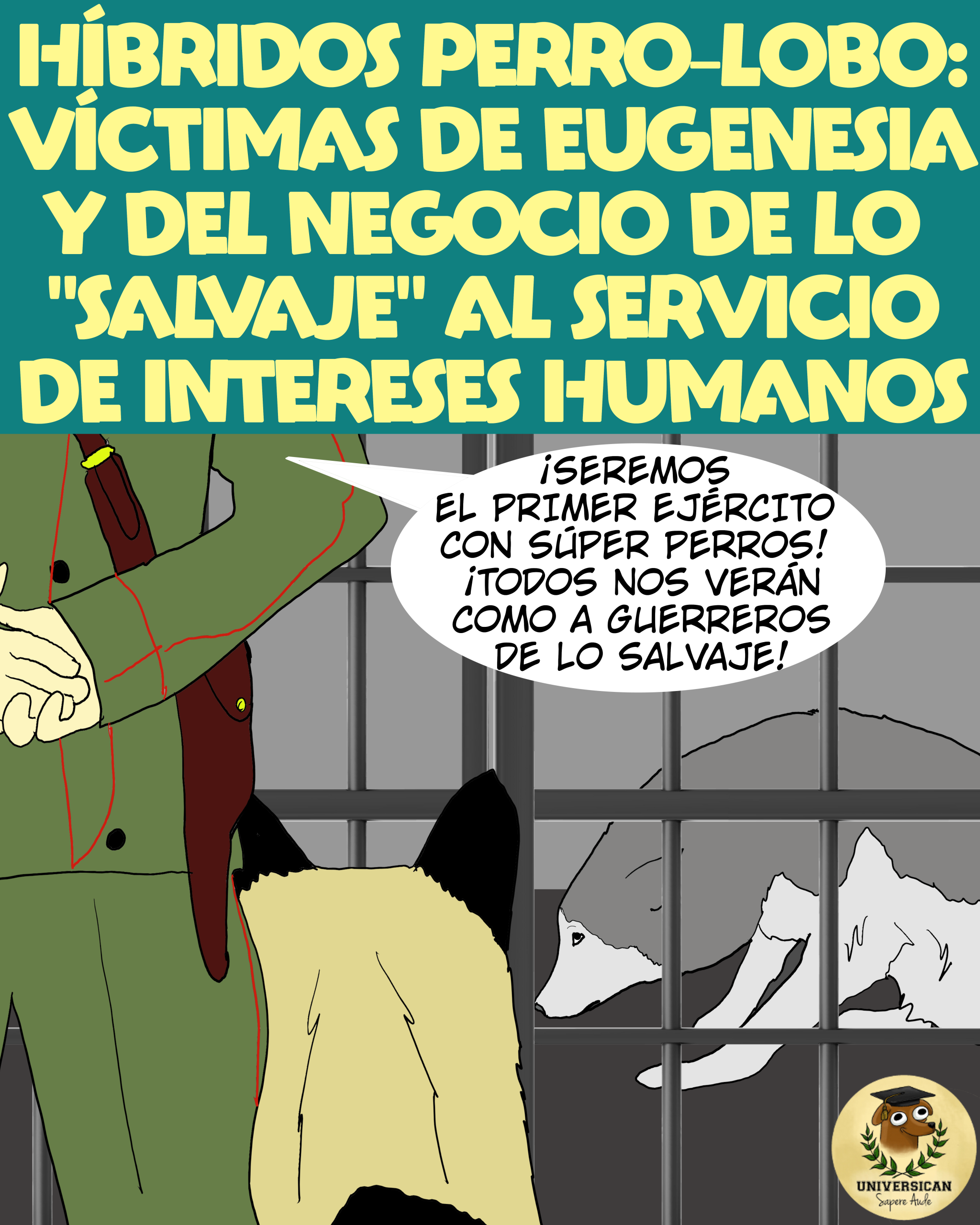 Loba angustiada en una jaula bajo vigilancia militar. Un soldado y su perro la observan con fines de cría experimental, en un entorno frío y opresivo que transmite tensión y control.