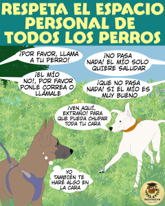 Ilustración que muestra la importancia de respetar el espacio y las señales de los perros durante el paseo, destacando cómo ignorar la petición de mantener distancia puede causar malestar y riesgos.