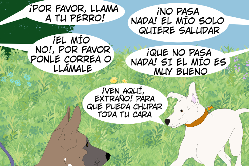 Ilustración que muestra la importancia de respetar el espacio y las señales de los perros durante el paseo, destacando cómo ignorar la petición de mantener distancia puede causar malestar y riesgos.