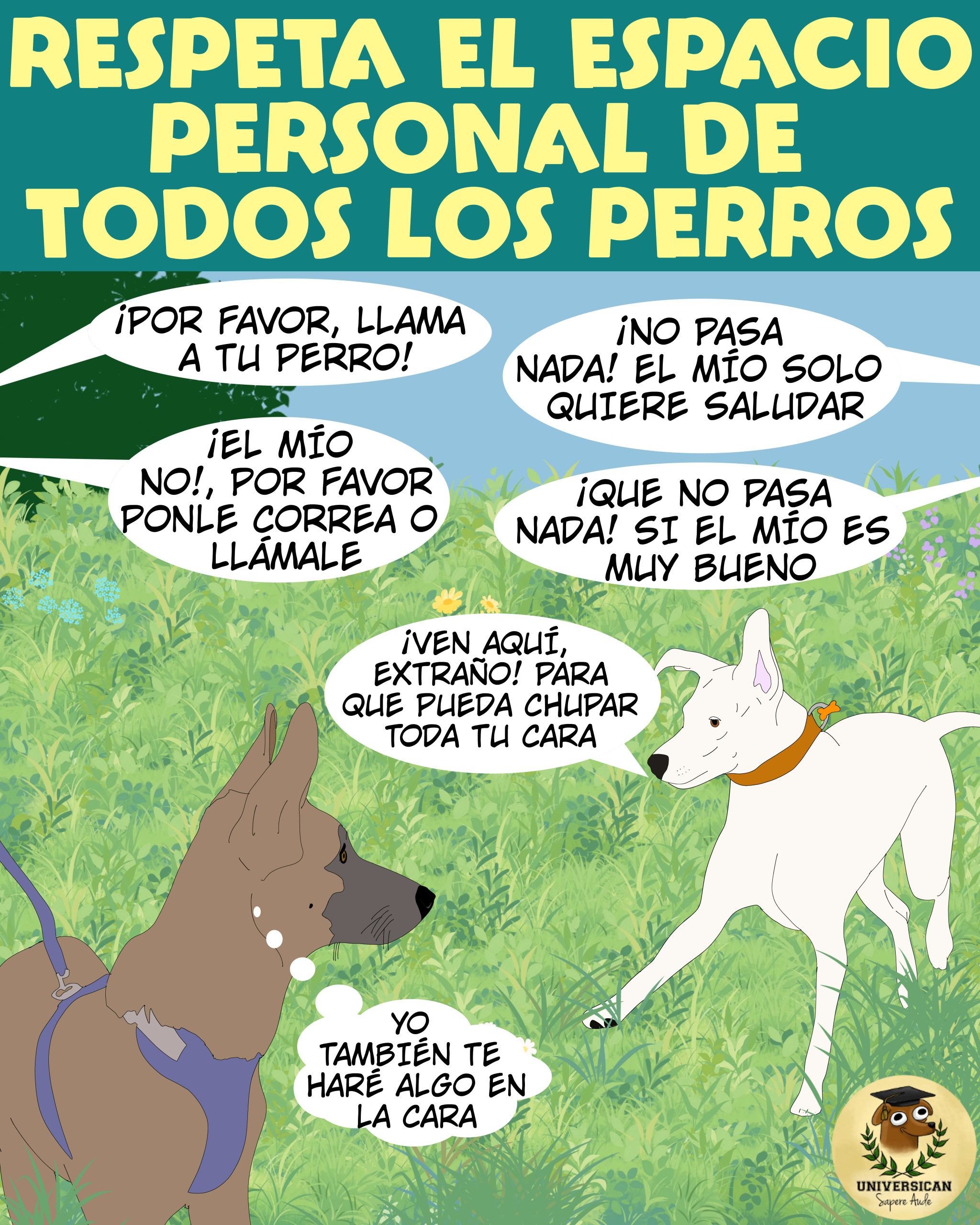 Ilustración que muestra la importancia de respetar el espacio y las señales de los perros durante el paseo, destacando cómo ignorar la petición de mantener distancia puede causar malestar y riesgos.