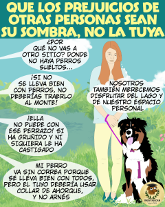 Mujer sostiene con una mano a un perro grande con arnés y correa rosa, en un entorno natural con césped y lago de fondo. Alrededor aparecen comentarios que la critican por pedir espacio para su perro y porque su perro no es tan social como el resto.