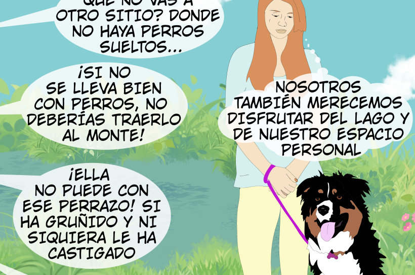 Mujer sostiene con una mano a un perro grande con arnés y correa rosa, en un entorno natural con césped y lago de fondo. Alrededor aparecen comentarios que la critican por pedir espacio para su perro y porque su perro no es tan social como el resto.